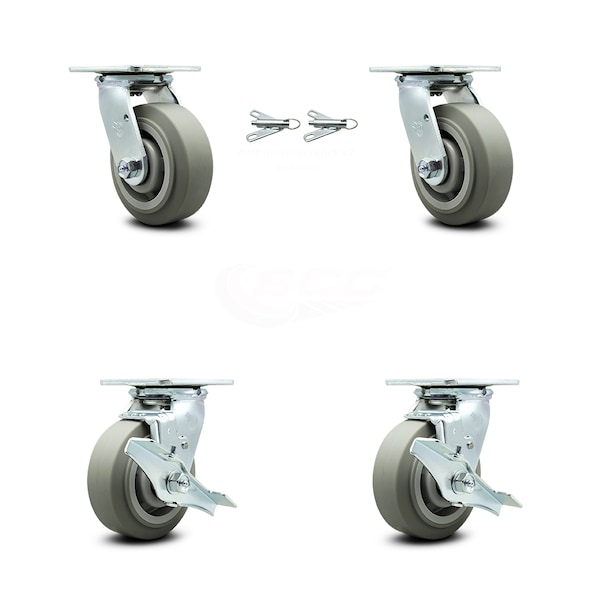 5 Inch Thermoplastic Rubber Caster Set with Ball Bearings 2 Swivel Lock 2 Brake